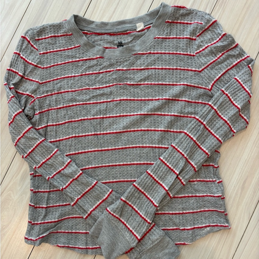 Pacsun Gray and Red Striped Long Sleeve Waffle Top